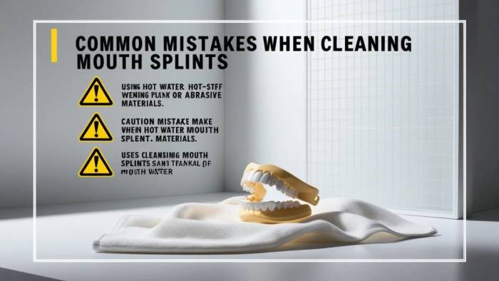 Illustration showing common mistakes to avoid when cleaning a mouth splint, ensuring proper hygiene and device longevity