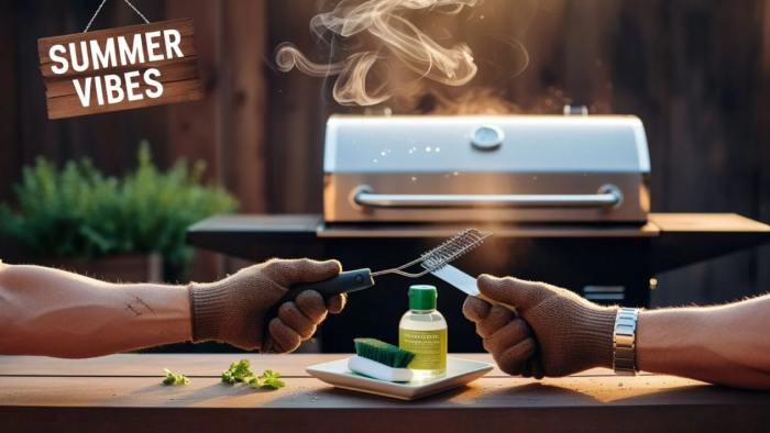 A person cleaning and maintaining a BBQ grill, demonstrating best practices such as scrubbing grates, applying oil, and regular upkeep for long-lasting performance