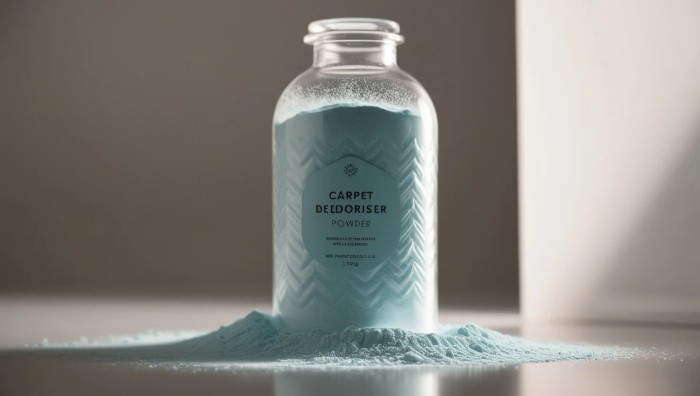 Close-up of carpet deodoriser powder showing texture and use for fresh, clean carpets