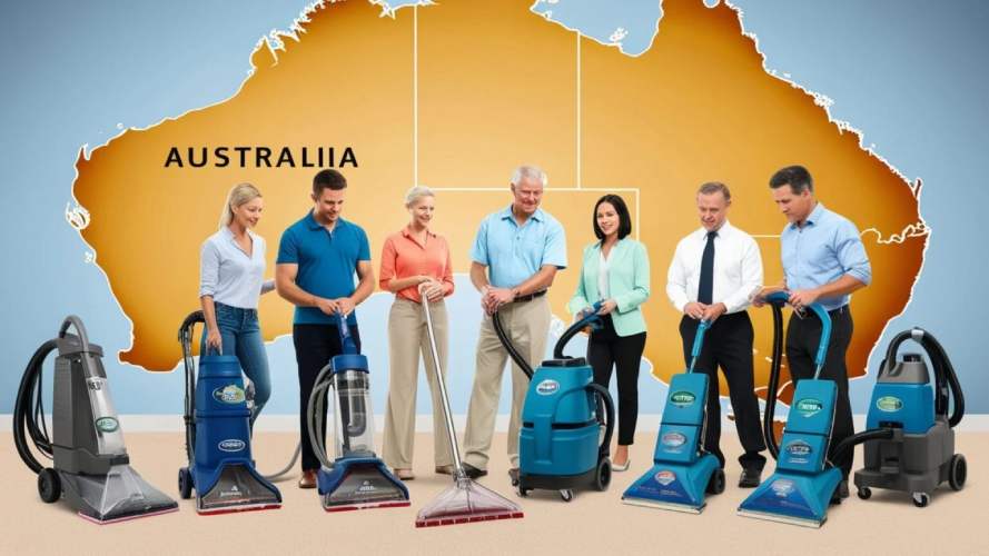 Carpet and steam cleaning machines available for hire in Australia, showing professional cleaning equipment in use