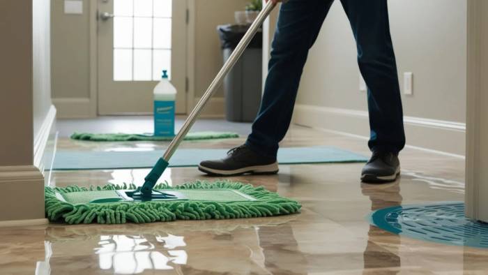 Cleaning supplies arranged neatly on a counter, showing daily maintenance tasks like wiping surfaces and organizing items.