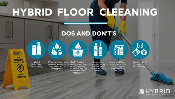Person cleaning a hybrid floor with a microfiber mop, showing correct cleaning methods to avoid damage and maintain shine