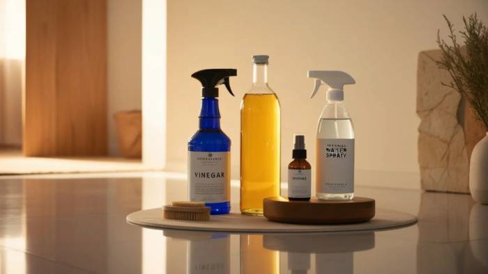 Natural cleaning supplies like vinegar, baking soda, and plant-based sprays arranged on a counter for eco-friendly home cleaning