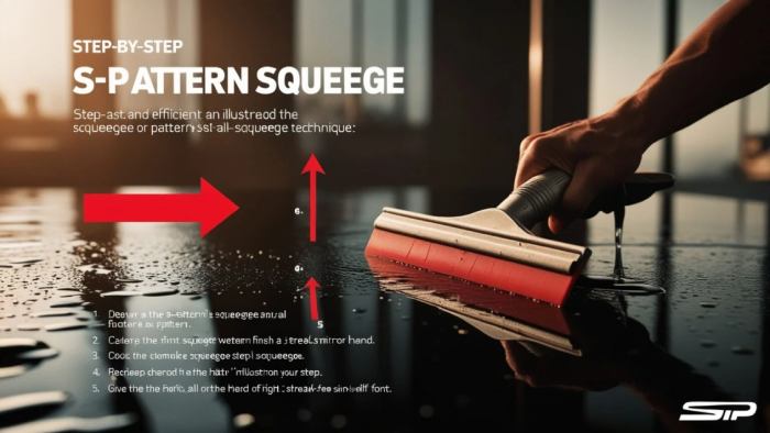 Person using a squeegee in smooth overlapping strokes on a glass window to develop effective cleaning technique