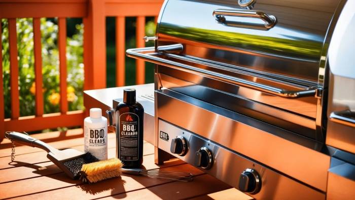 BBQ cleaners displayed beside a grill, introducing various cleaning products and tools used for BBQ maintenance