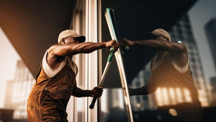 Person using a window cleaning kit to achieve spotless, streak-free glass in 2024