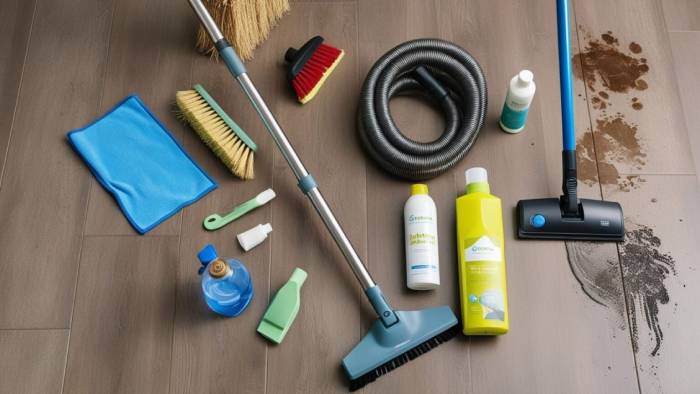 A person preparing cleaning supplies on a table with gloves, spray bottles, and cloths before starting the cleaning process.