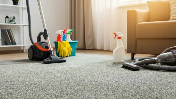 Pet and child safely kept away while professional cleaners work on carpet cleaning