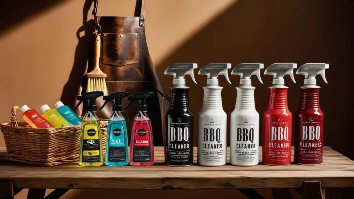Various types of BBQ cleaners, including sprays, brushes, and degreasers, displayed next to a barbecue grill for comparison