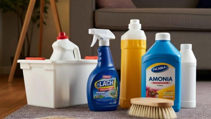Person accidentally using the wrong cleaning products on a carpet, causing stains or damage